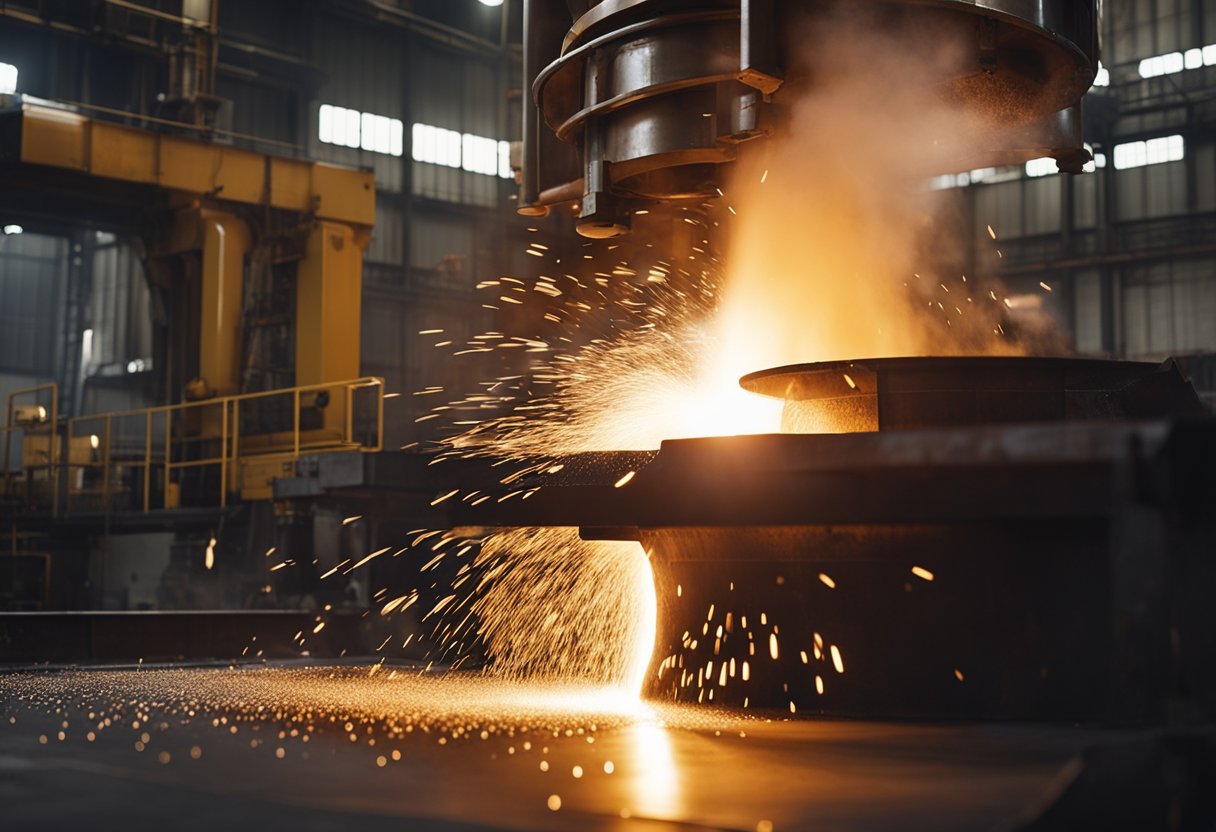 Molten metal poured into molds, creating ball mill liners at a manufacturing plant