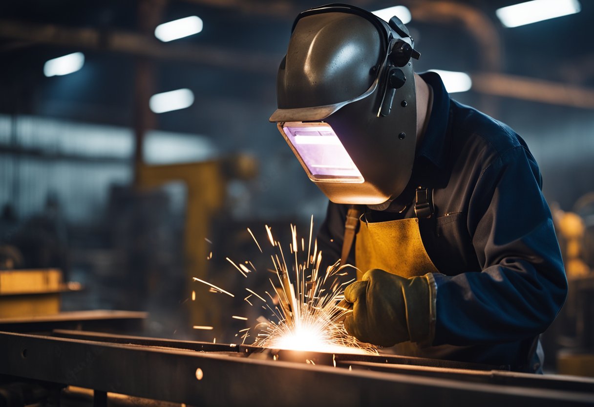 A factory worker welding steel plates for mining ball mill liners