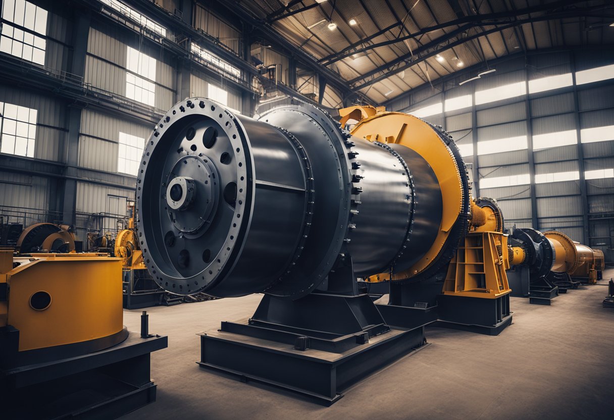 A mining ball mill with various liner designs, including rubber and metal, surrounded by industrial machinery and equipment