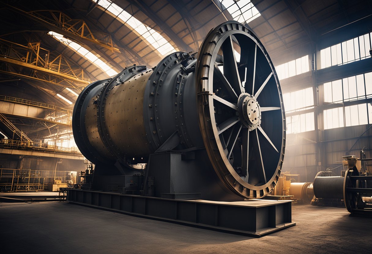 A mining ball mill with a worn lining plate, surrounded by industrial machinery and equipment