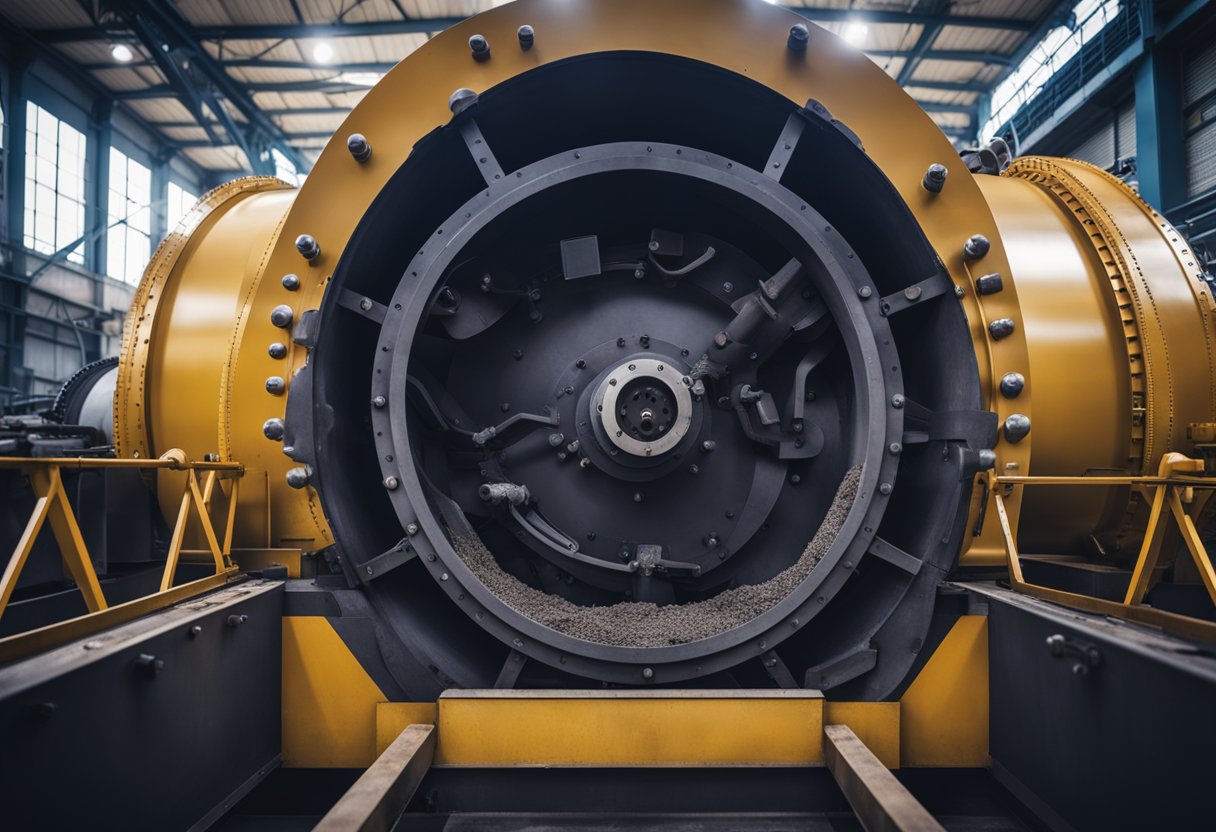 A mining ball mill with a worn lining plate surrounded by various materials and tools