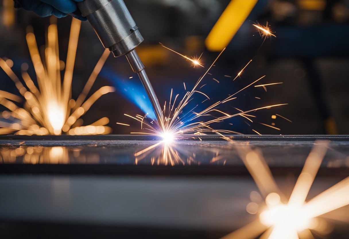 A bimetallic composite liner being welded onto a metal surface with sparks flying