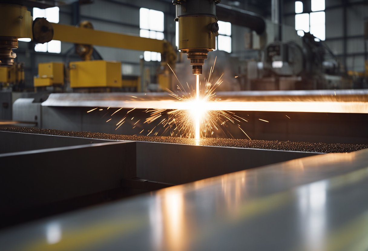 Machinery molds molten metal into bimetallic composite liners in a large industrial factory. Sparks fly as the process creates durable, heat-resistant products