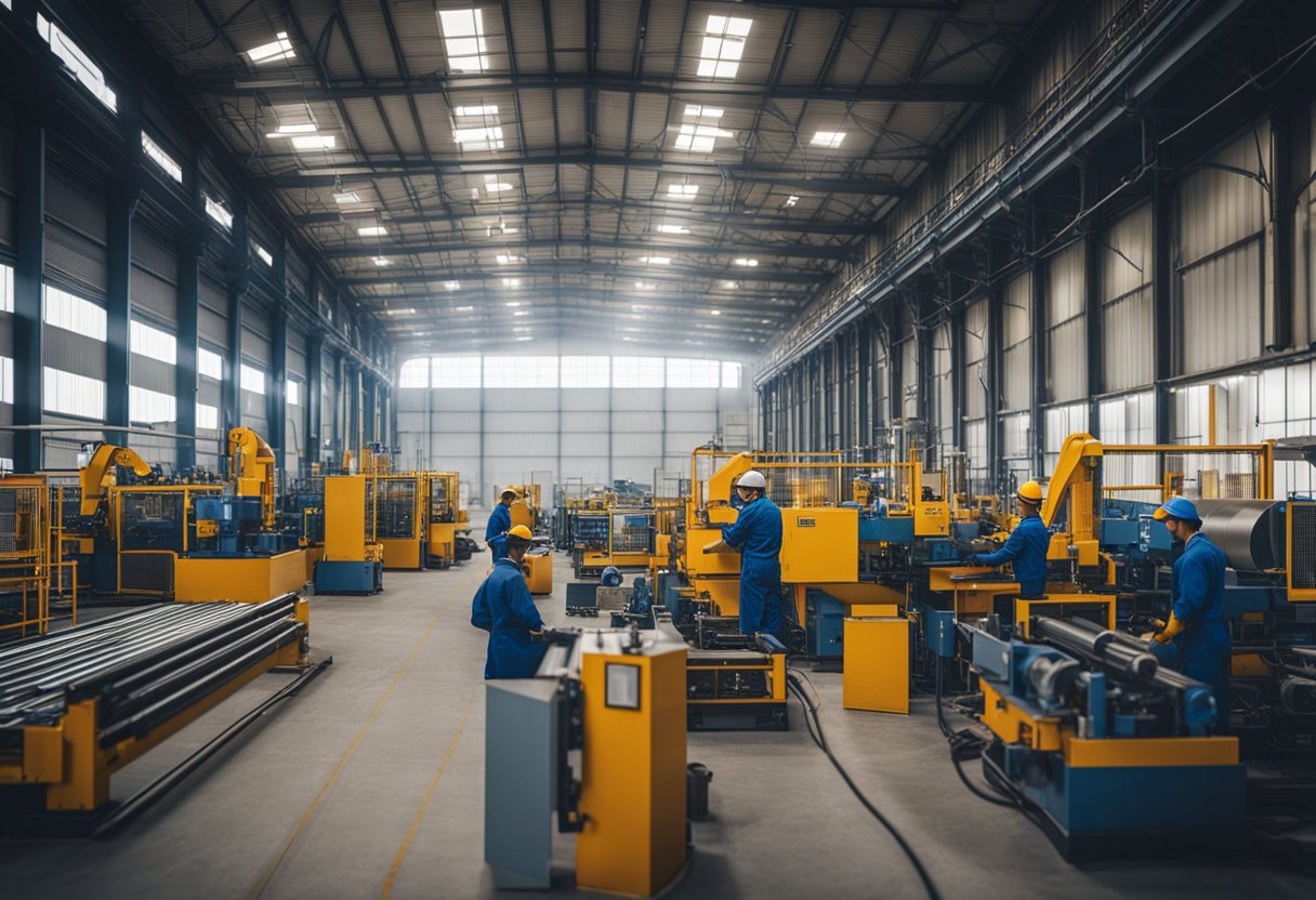 An industrial factory with machinery and workers assembling bimetallic composite liners