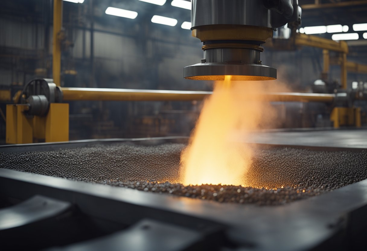 Molten metal poured into mold, creating bimetallic composite liner. Machinery and conveyor belts in background