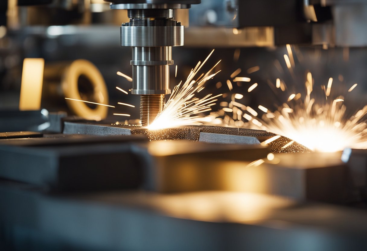 A machine presses together layers of different metals to create a bimetallic composite liner. Sparks fly as the materials fuse together under intense pressure