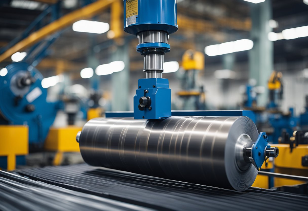 A close-up of bimetallic composite liners being manufactured in a factory setting, with machinery and equipment in the background