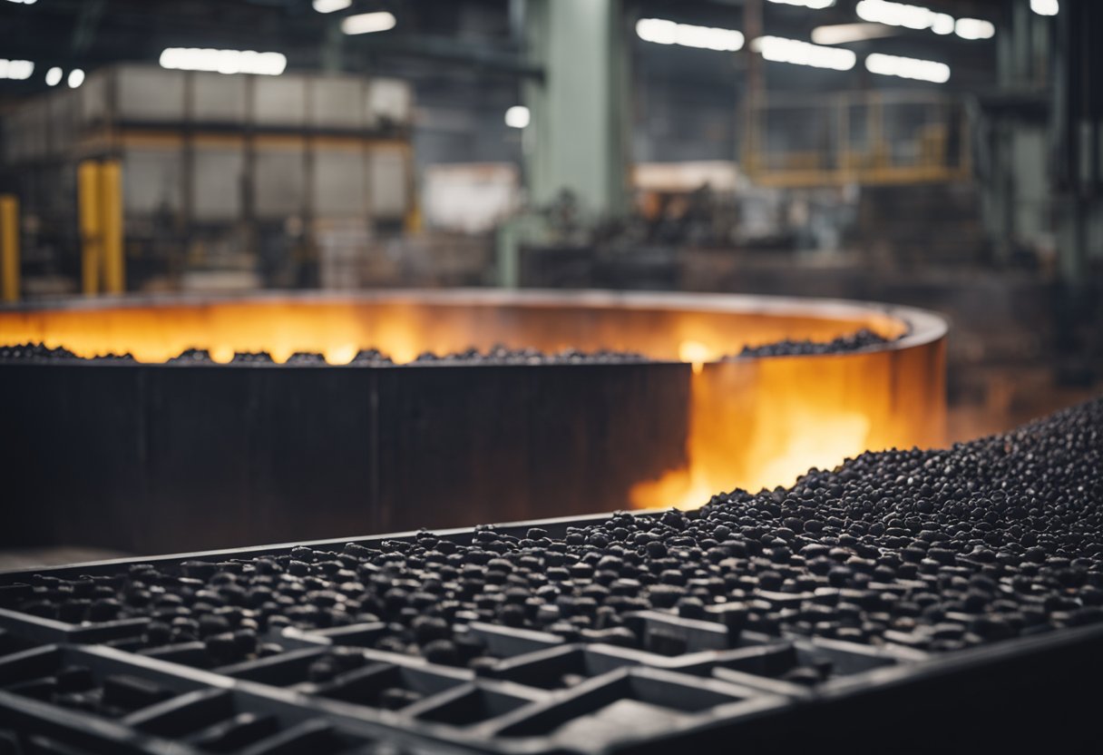 Molten metal poured into mold, creating bimetallic composite liner. Machinery and conveyor belts in background