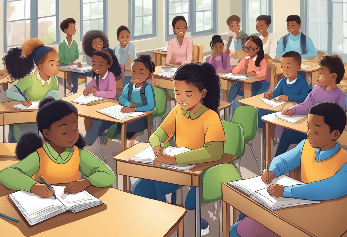 A diverse group of students engaged in various instructional activities, with the teacher implementing equitable classroom management techniques