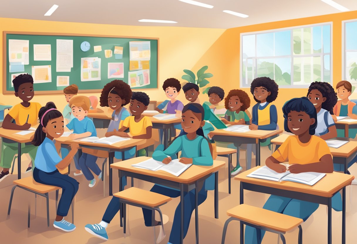A diverse classroom with students from different cultural backgrounds engaging in various learning activities with multicultural content and resources