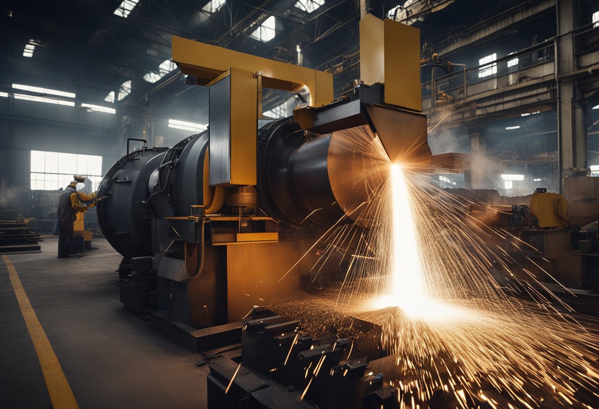 Machines produce heavy-duty mining liners in a large industrial facility. Sparks fly as metal sheets are cut and welded together