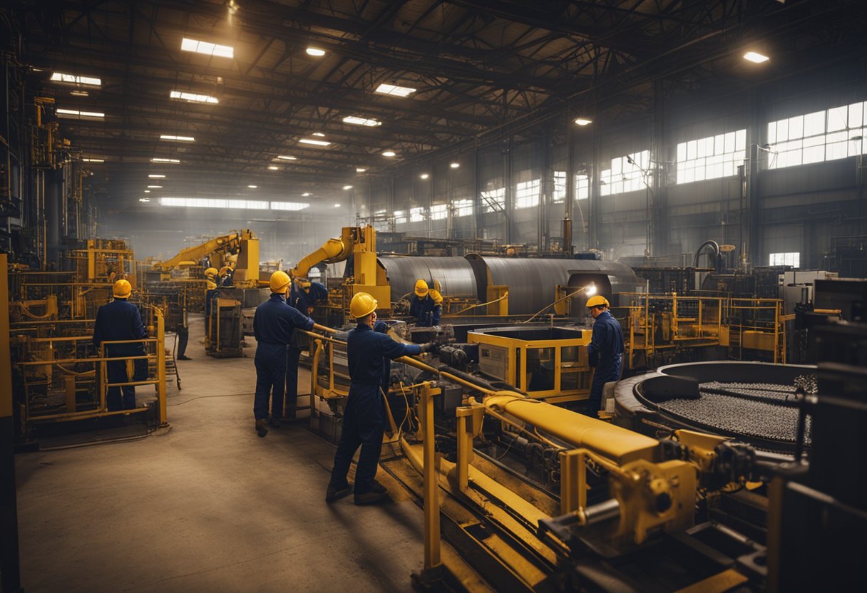 The factory floor buzzes with activity as workers mold and assemble abrasion resistant mining liners. Machinery hums and sparks fly, creating a dynamic and industrious atmosphere