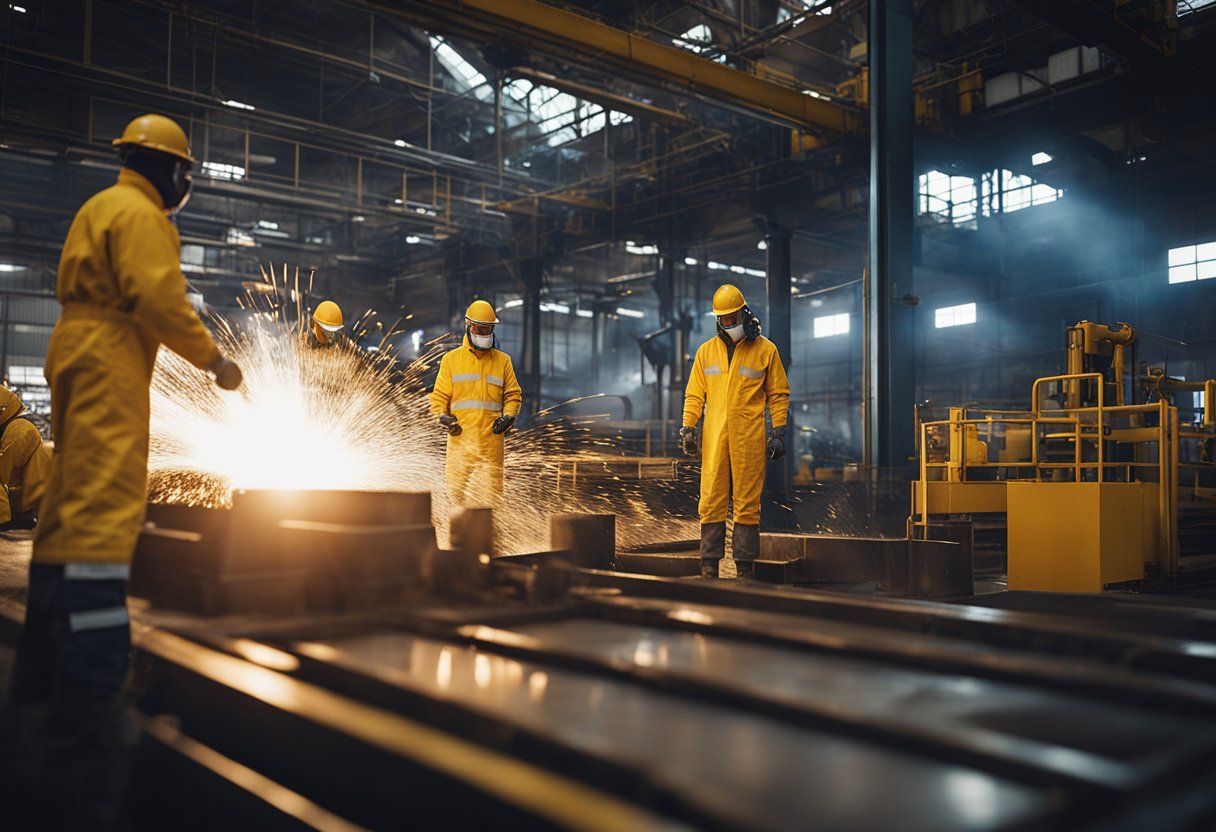 A factory floor with heavy machinery producing abrasion resistant mining liners. Sparks fly as workers clad in protective gear oversee the production process