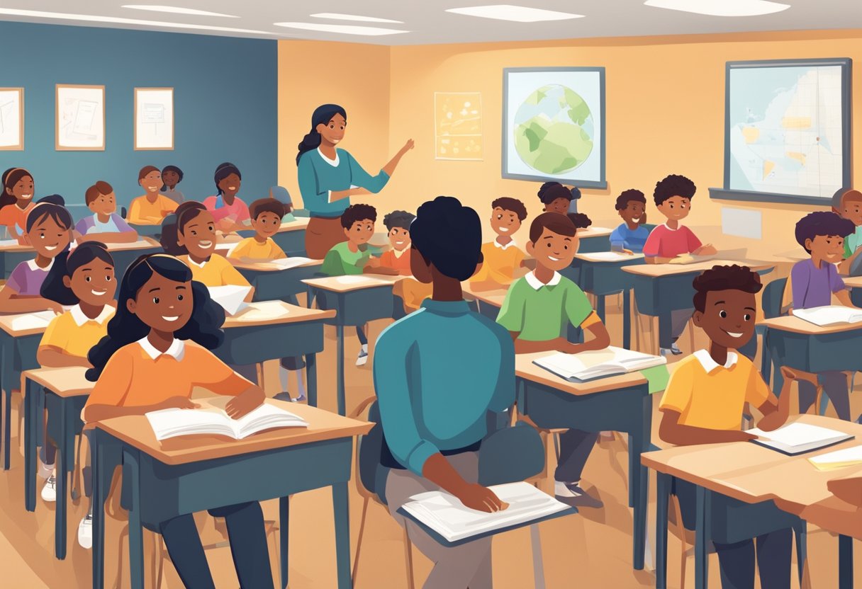 A diverse classroom with students engaged in various activities, while the teacher assesses and recognizes their successes