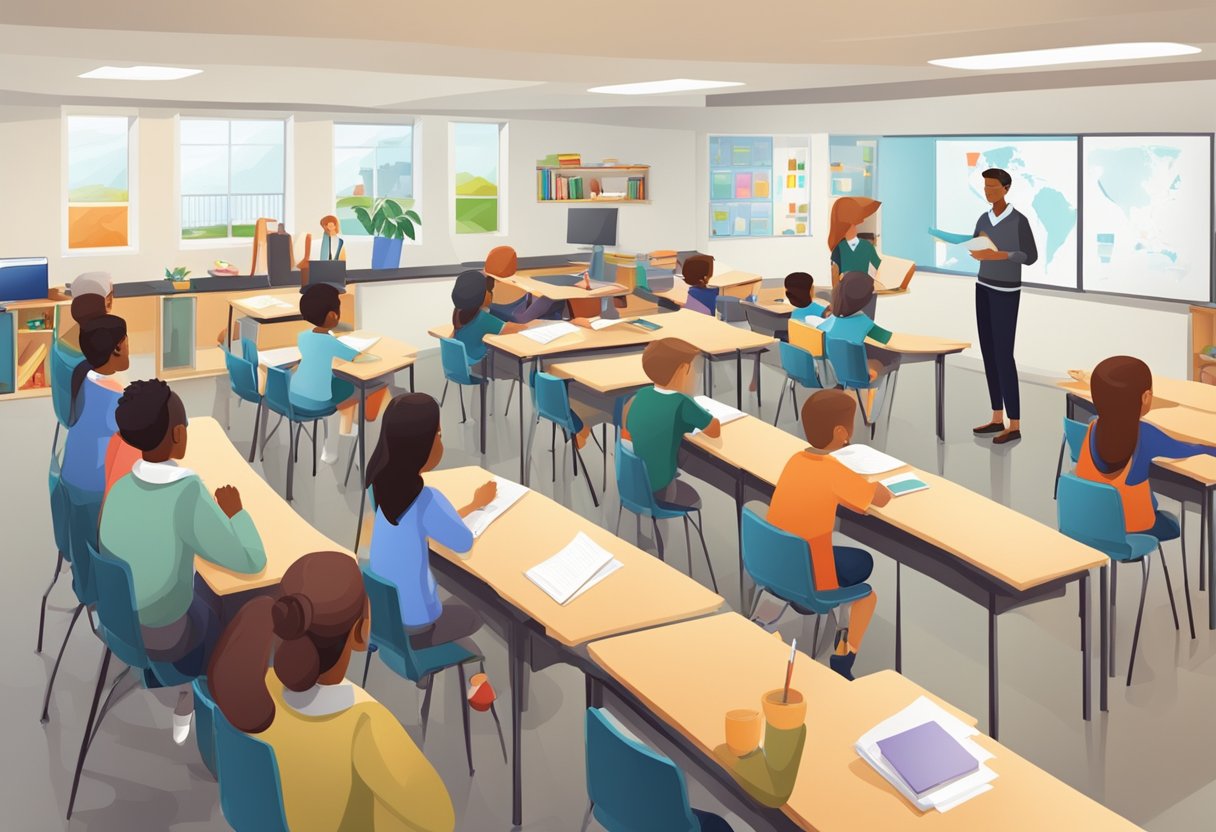 A diverse classroom with various students engaged in different activities, while the teacher implements various management techniques
