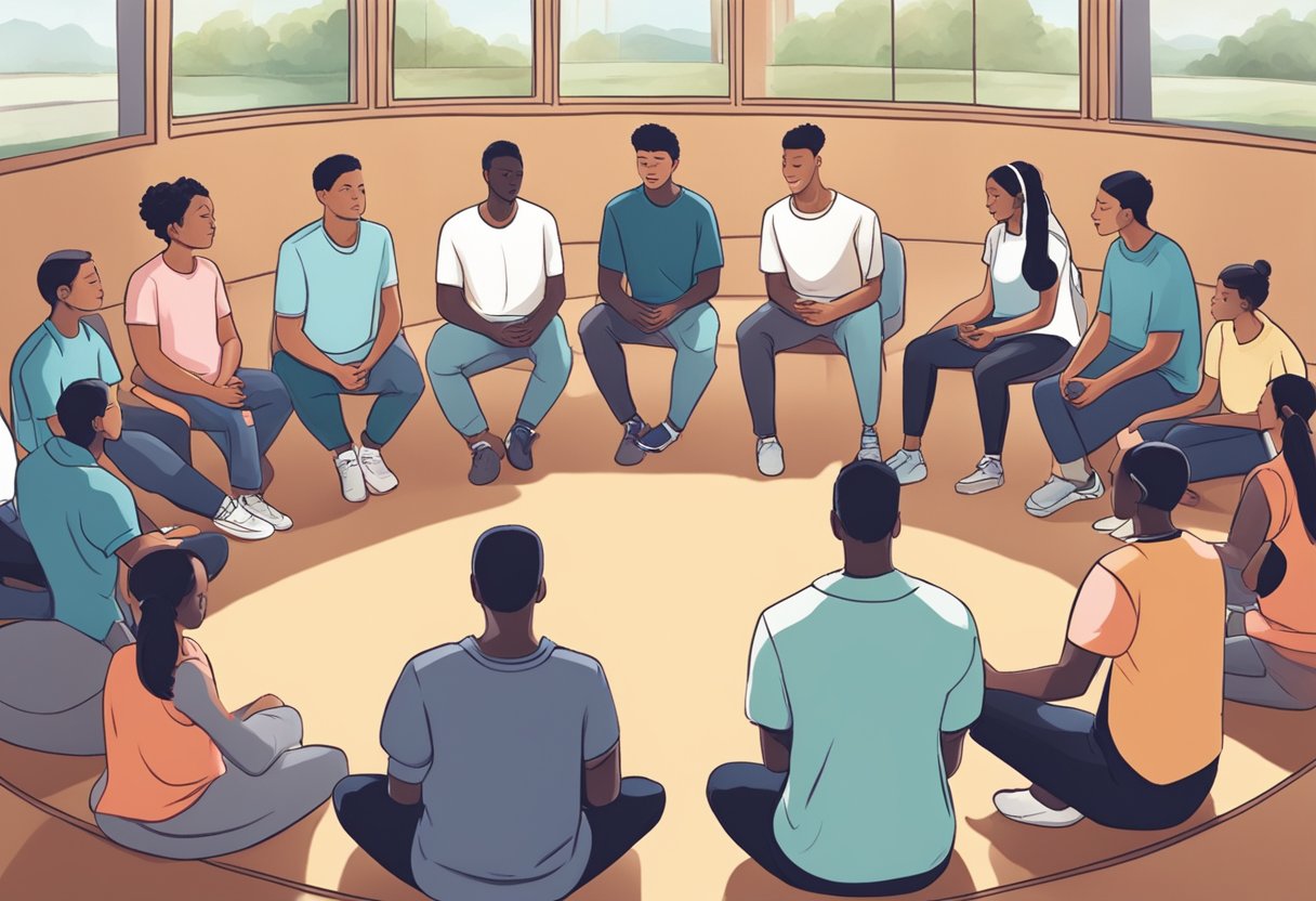 Incorporating Mindfulness and Relaxation Techniques for Enhanced Classroom Management mindfulness LearningMole Students sitting in a circle, eyes closed, practicing deep breathing. Soft music plays in the background as they focus on their emotions and thoughts