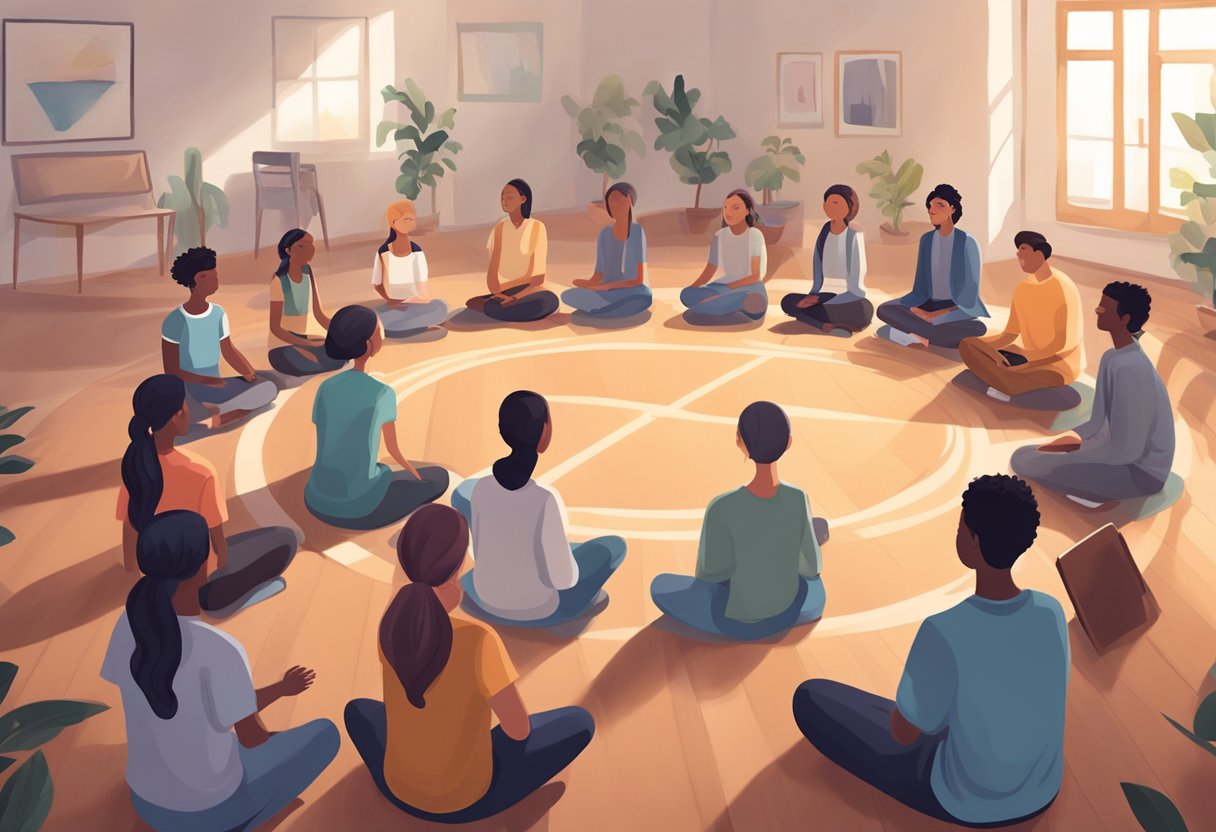 Incorporating Mindfulness and Relaxation Techniques for Enhanced Classroom Management mindfulness LearningMole Students sit in a circle, eyes closed, focusing on their breath. The room is quiet, with soft music playing in the background. The atmosphere is calm and peaceful, promoting a sense of relaxation and mindfulness