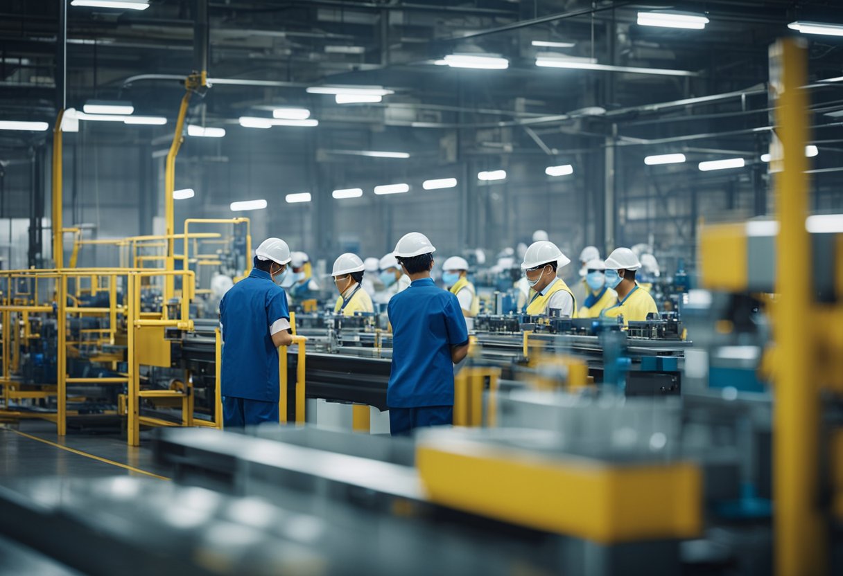 A bustling wear-resistant liner factory with workers assembling and inspecting products on the production line. Machinery and raw materials fill the spacious warehouse