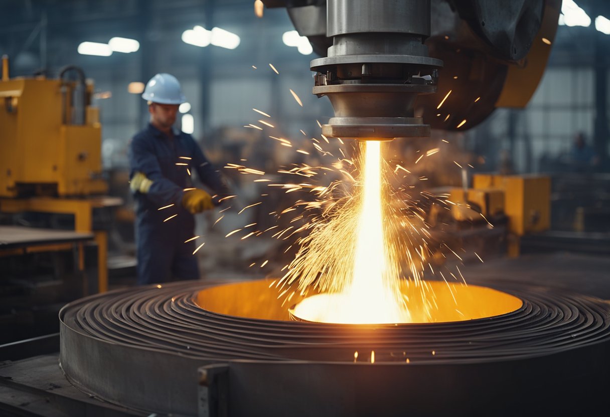 Molten metal being poured into molds. Sparks flying as machines cut and shape metal sheets. Finished liners stacked and ready for shipment