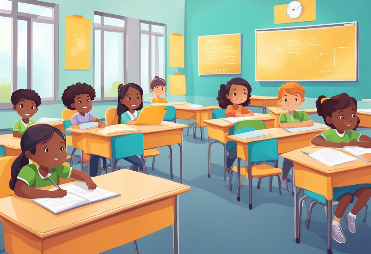 A classroom with colorful posters of encouraging words and phrases. Students are engaged and respectful, reflecting the positive language used by the teacher