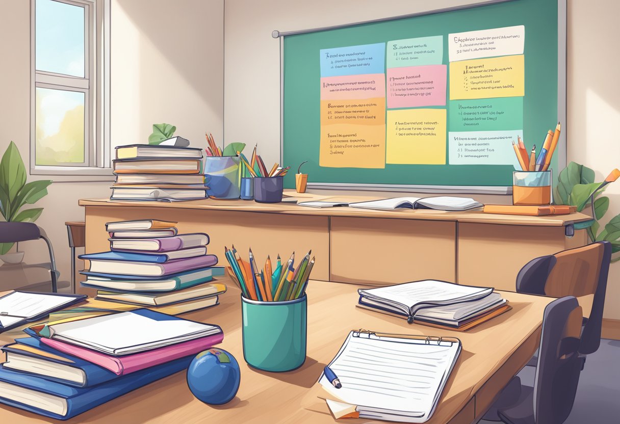 A classroom desk with a stack of books, a whiteboard with positive affirmations, and a poster of language tools and resources