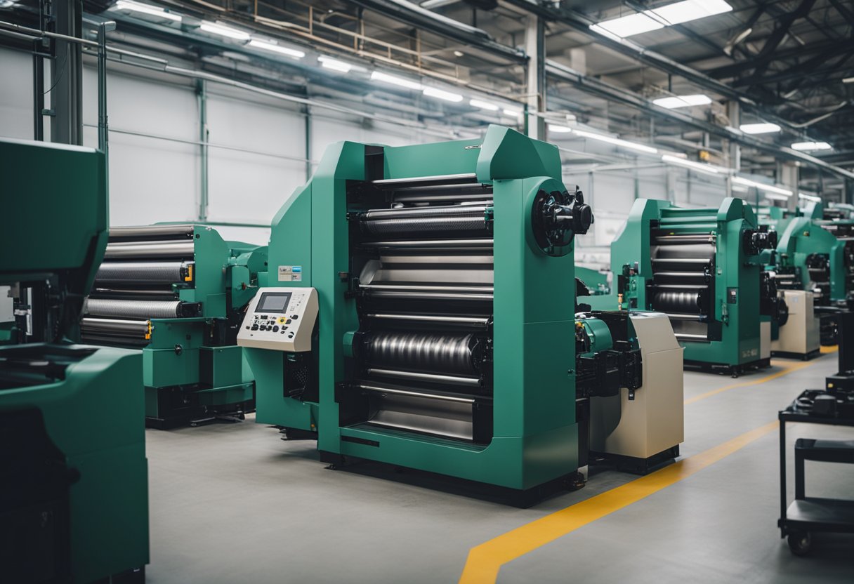 Machines coat, cut, and stack durable liners in a spacious, well-lit factory