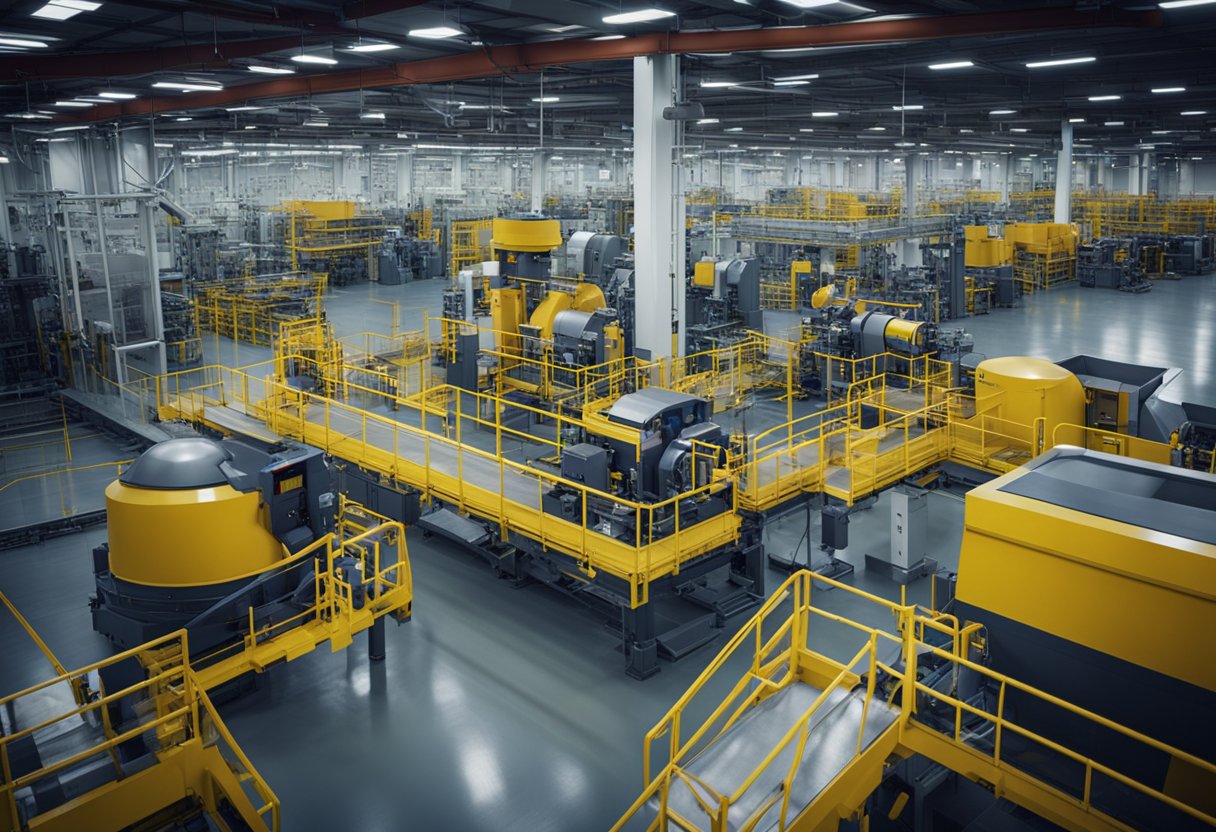 A factory floor with large machinery and conveyor belts, surrounded by stacks of abrasion resistant liner materials and workers in safety gear