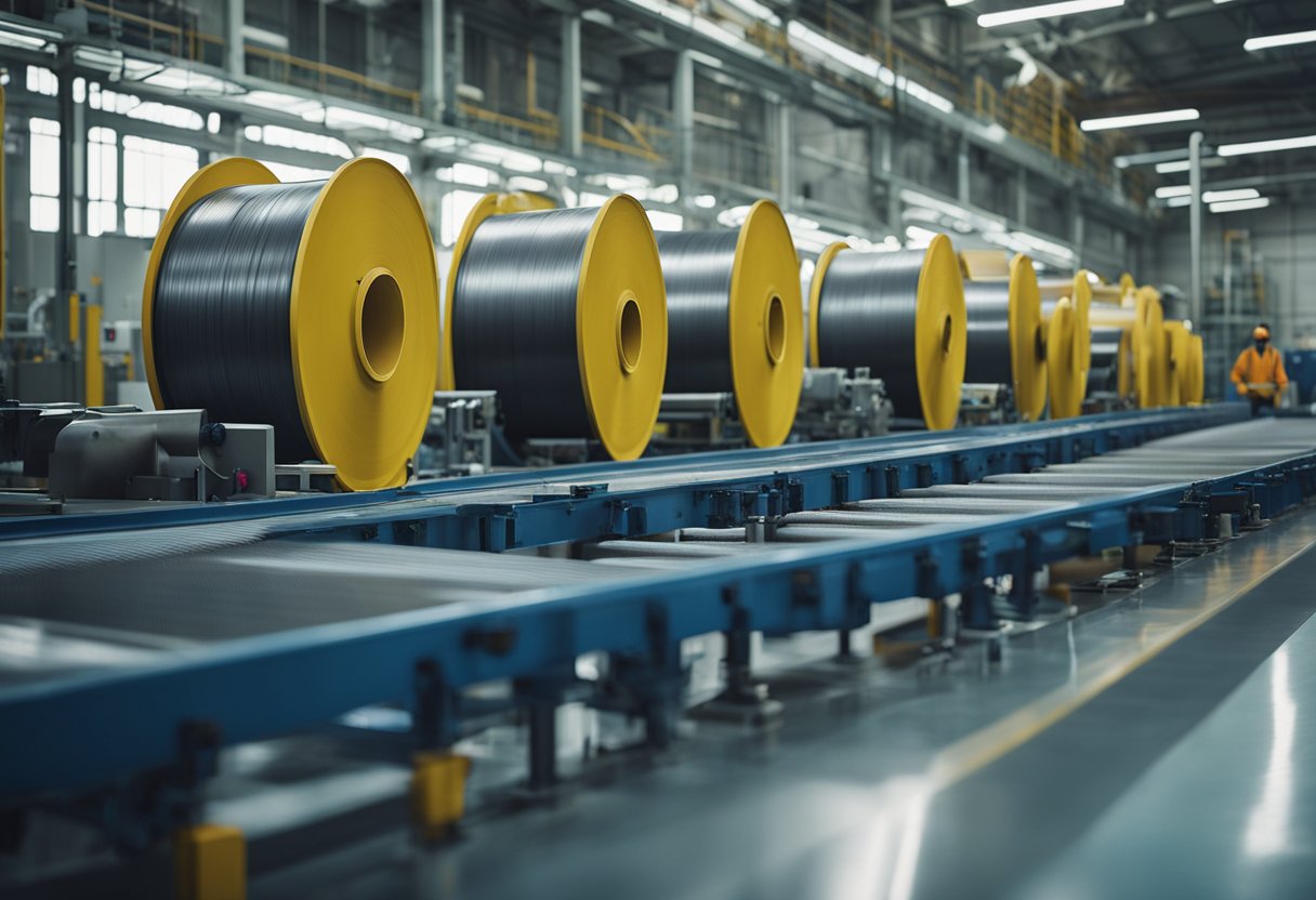 A factory floor with conveyor belts and machinery. Large spools of abrasion-resistant liner material stacked neatly. Workers in protective gear operating machines