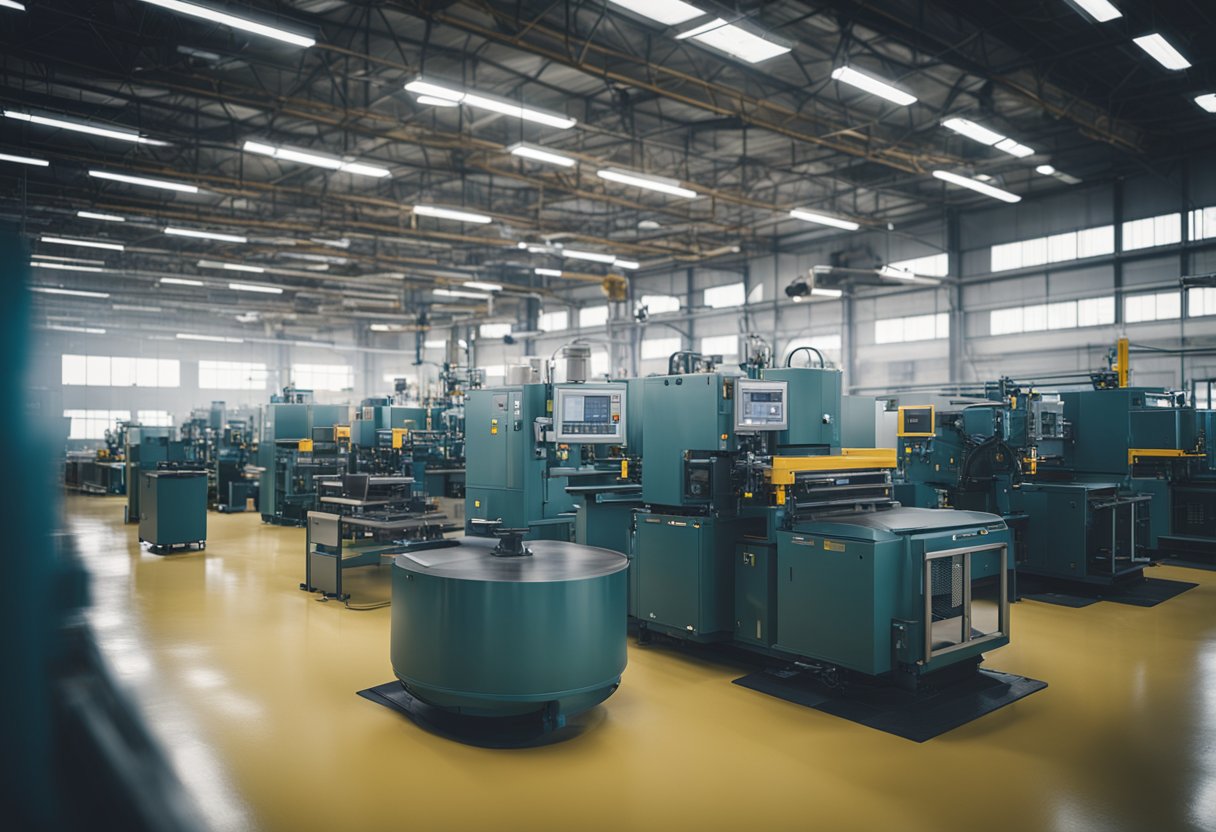 A factory floor with machines producing durable abrasion-resistant liners. Materials and workers in the background