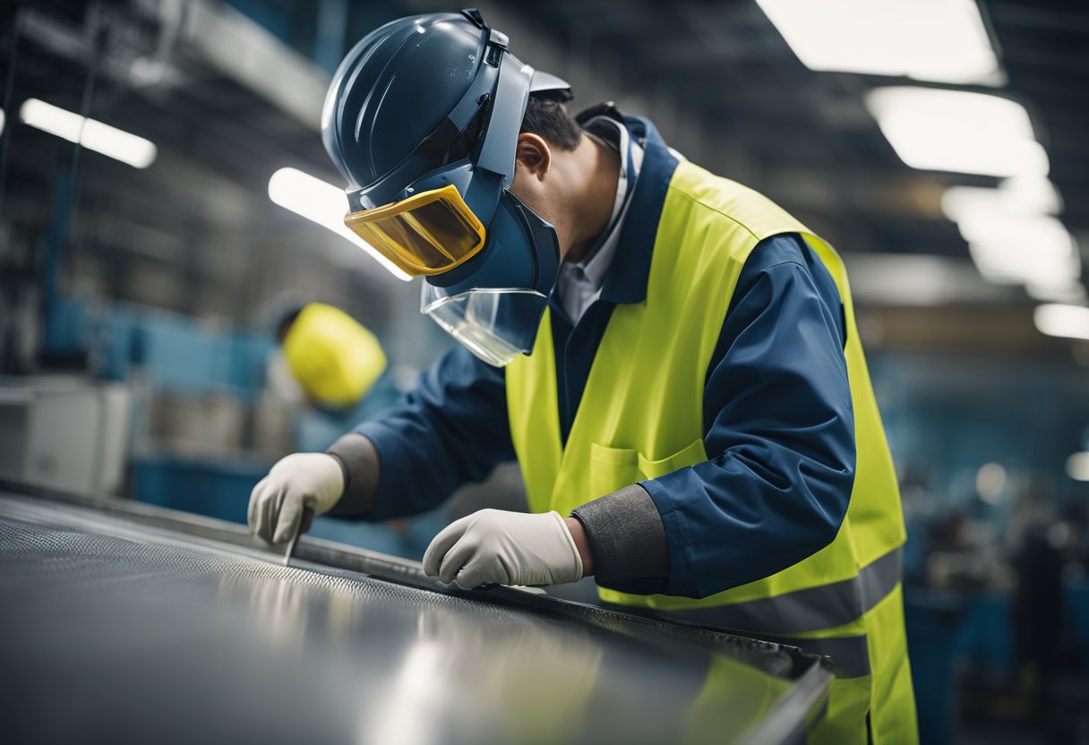 A factory worker applies an abrasion resistant liner to a metal surface using specialized equipment and technology