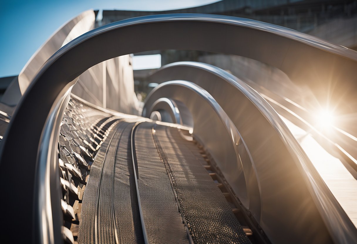 A metal liner glides smoothly along the curved track, glistening in the sunlight. The sleek, polished surface reflects the surrounding environment, creating a sense of movement and precision