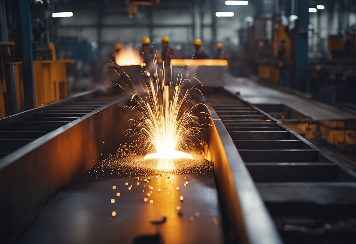 Molten metal pours from a furnace into molds on a conveyor belt in a bustling factory. Sparks fly as the metal cools and solidifies, creating a symphony of clinks and clanks