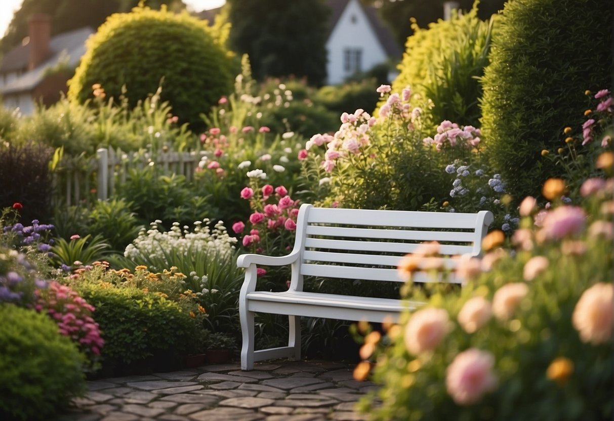 A cozy corner garden with a mix of colorful flowers, lush greenery, and winding pathways, surrounded by a charming picket fence and a small bench for relaxation