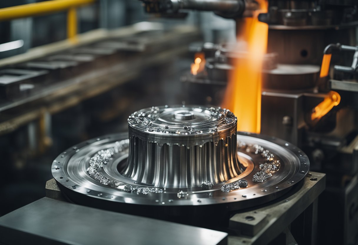 Molten metal poured into molds, cooled, and shaped in metal liner factory