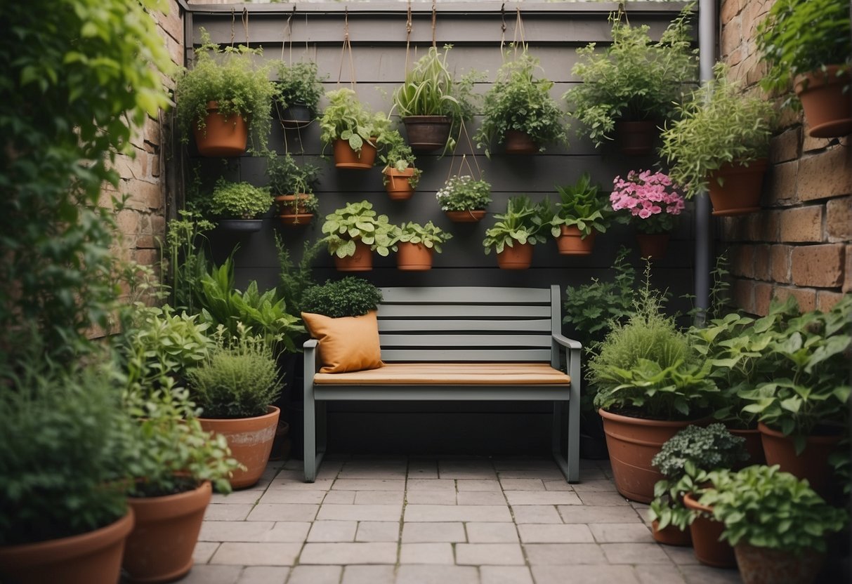 A cozy corner garden with vertical planters, hanging baskets, and potted plants. A small bench or chair nestled among the greenery