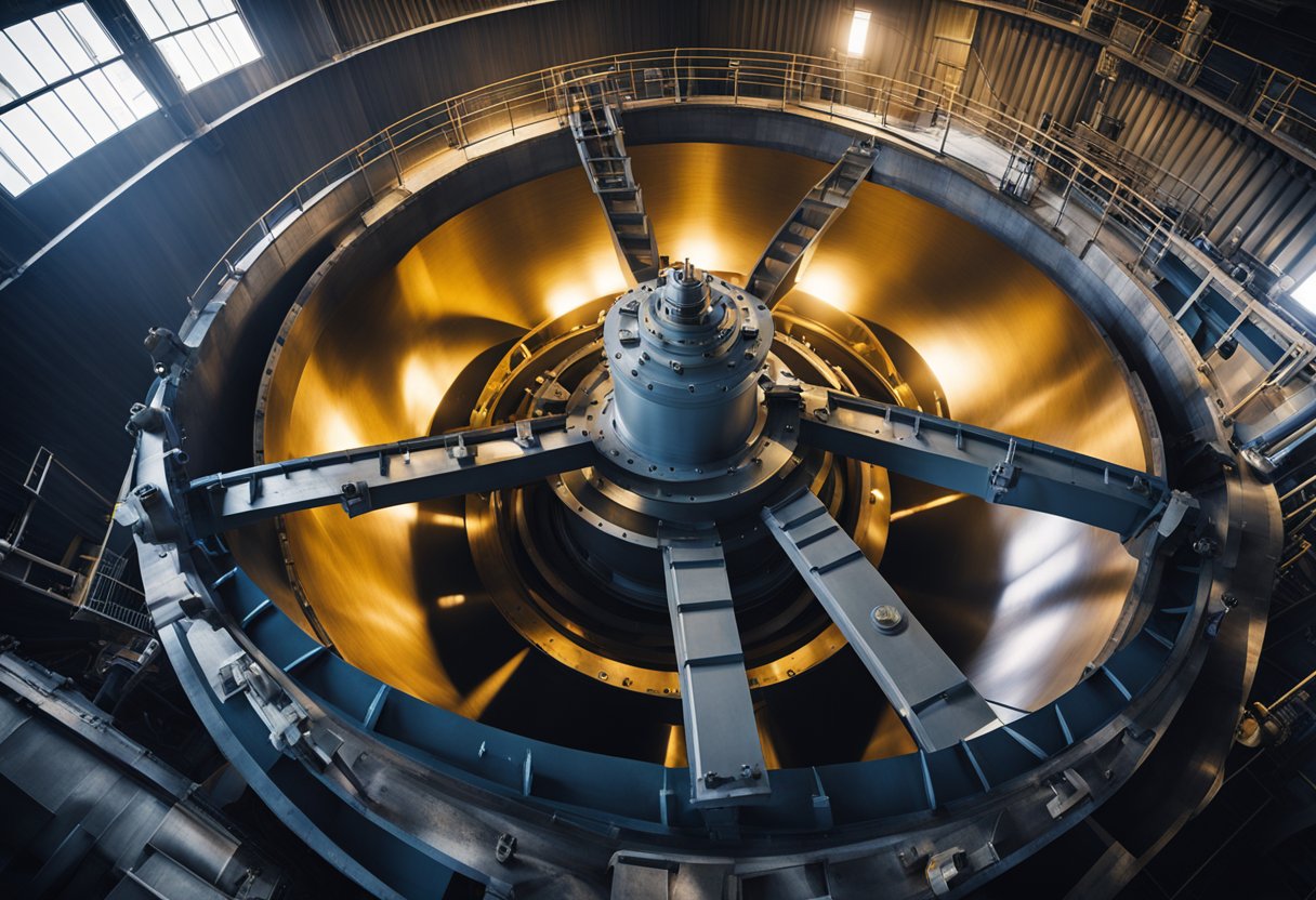 A top-down view of an overflow ball mill with its liner visible