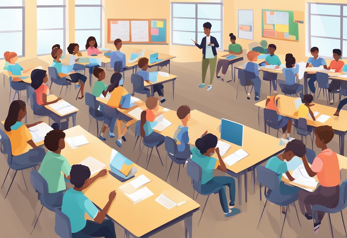 Students seated in groups, collaborating on projects. Teacher circulates, providing guidance and support. Classroom environment is organized and conducive to teamwork