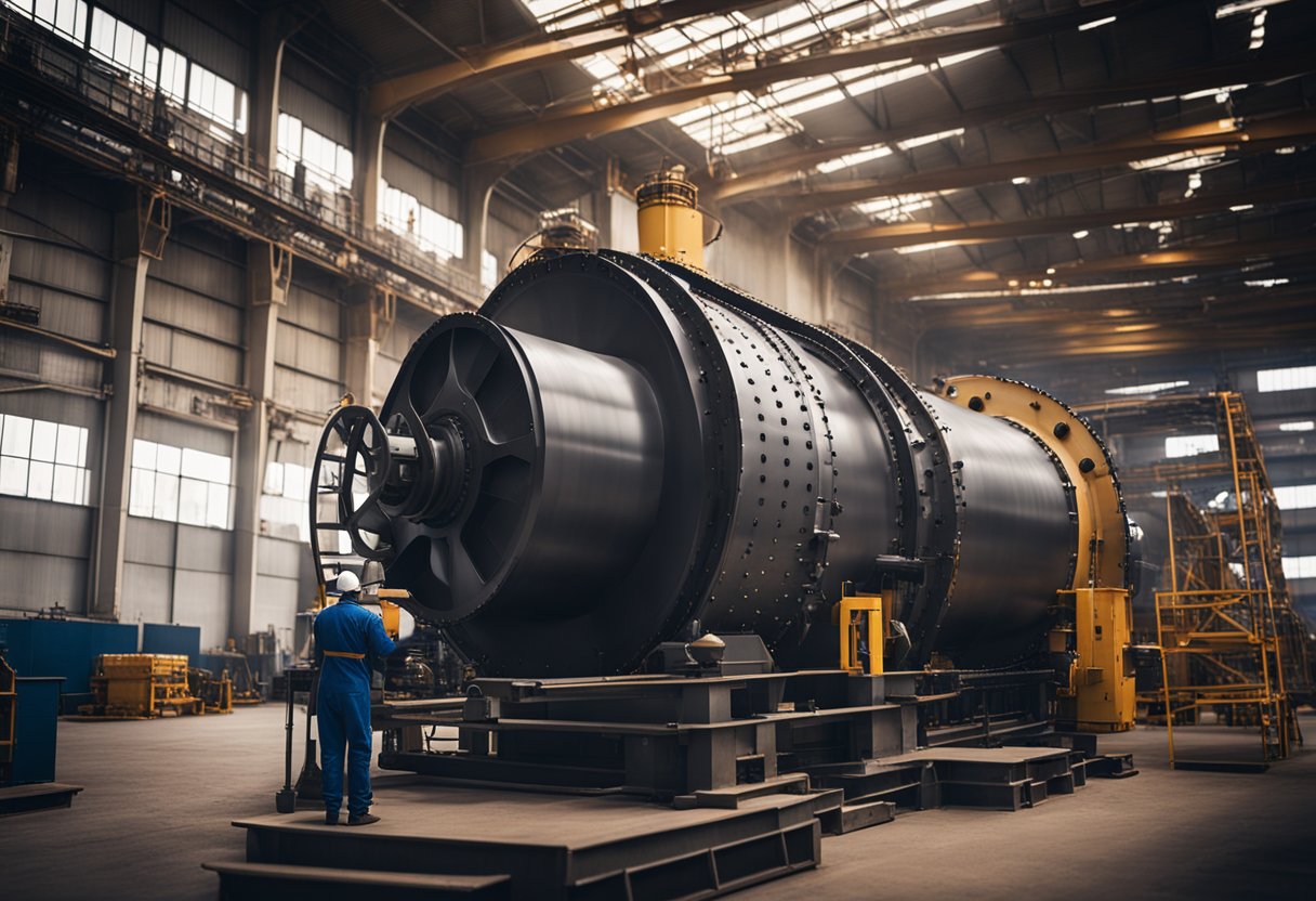 Machines assembling ball mill liners in a spacious factory setting