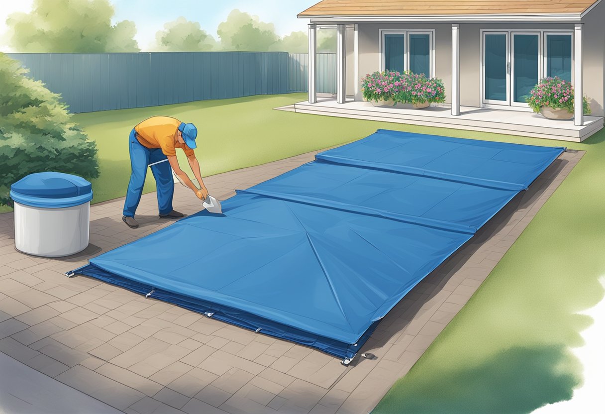 A technician installs and maintains a pool cover, carefully securing it in place. Nearby, a price list displays various options for pool cover prices