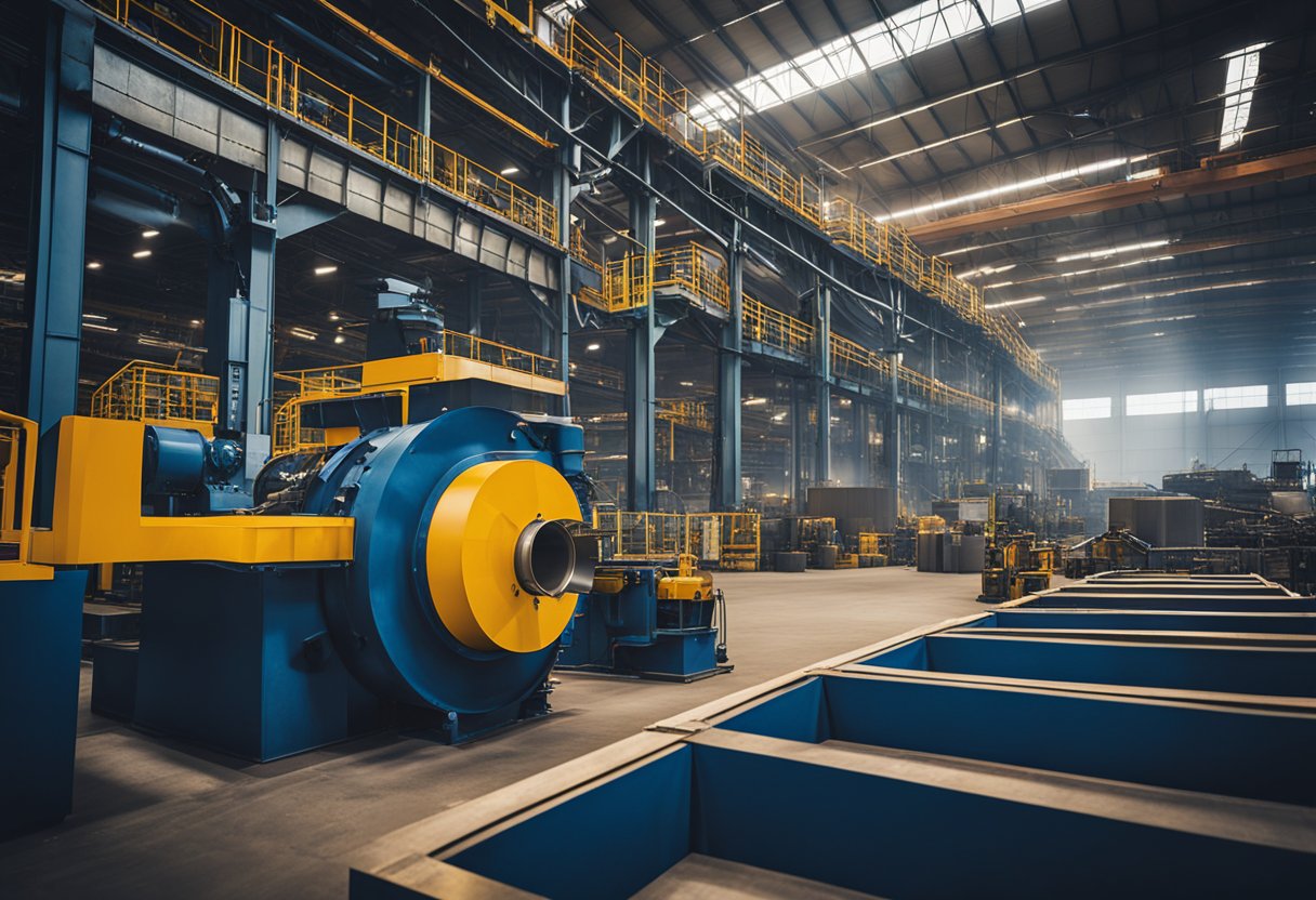 The factory floor is filled with machinery and materials for creating overflow ball mill liners. Conveyor belts transport raw materials while workers operate heavy equipment