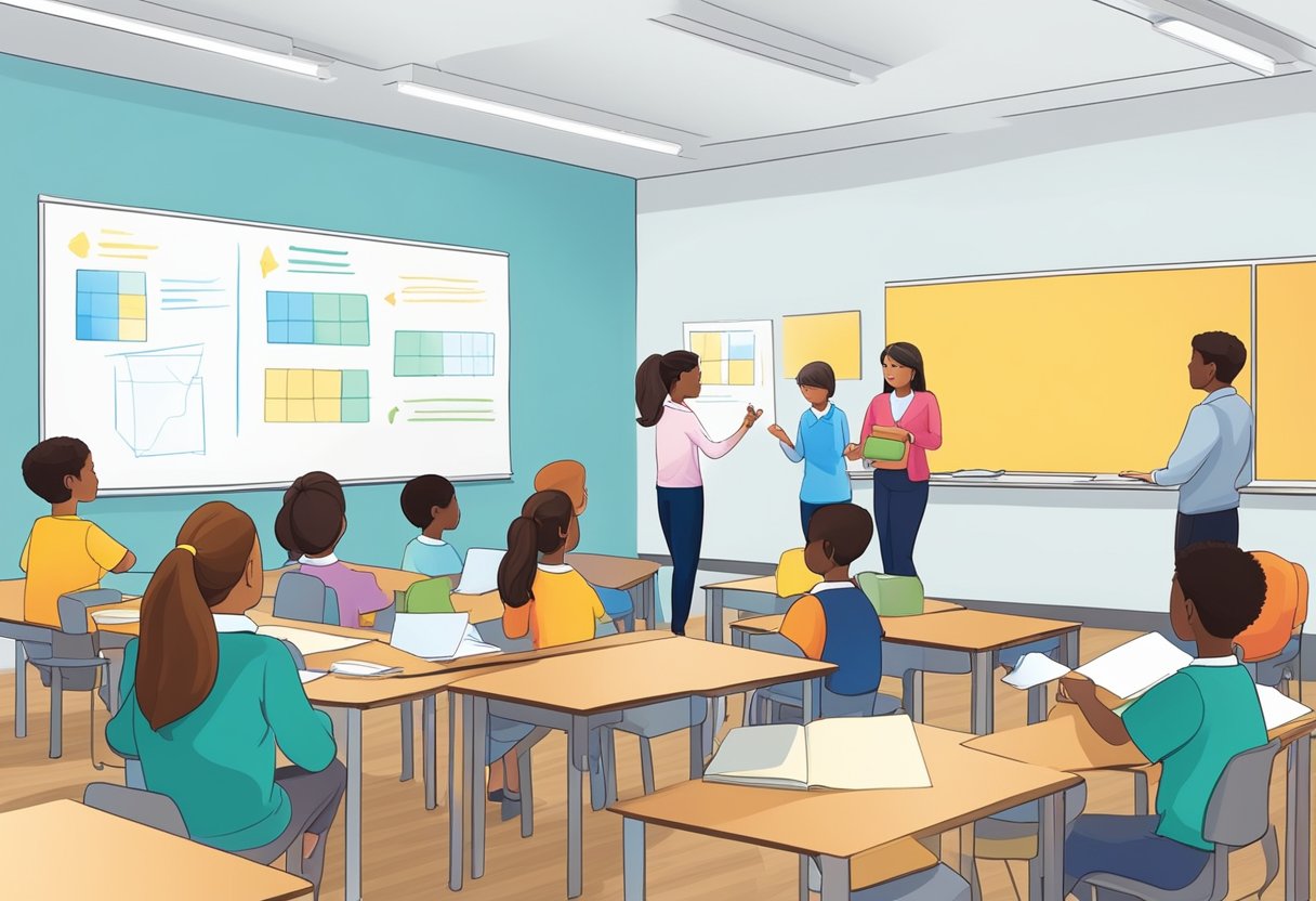 The teacher facilitates group work, circulating the room to monitor and guide students. A chart on the wall displays cooperative learning techniques