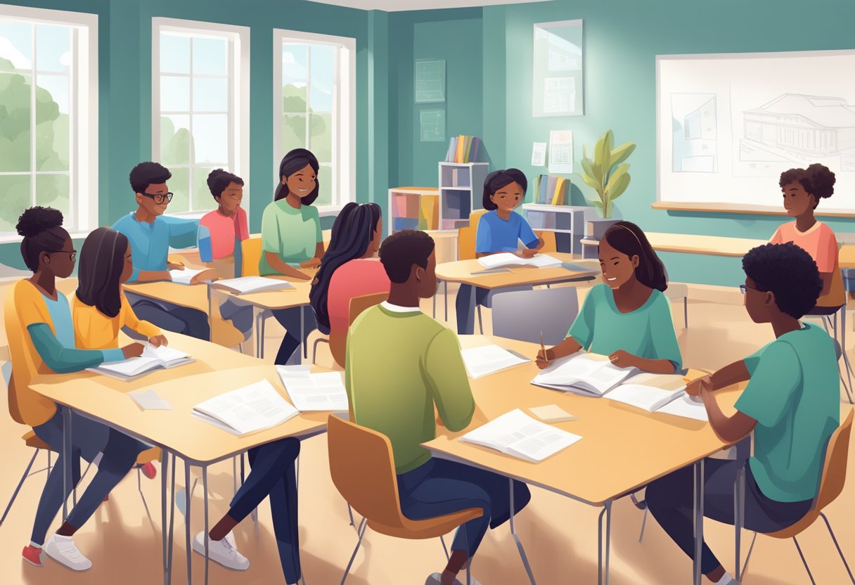 Students engage in group activities, sharing ideas and collaborating on projects in a well-organized classroom setting