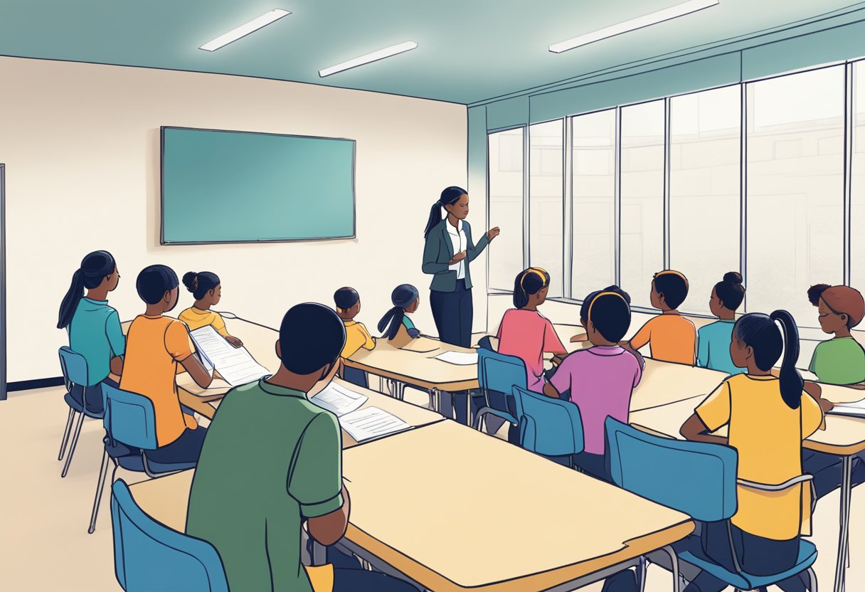 Students sit in small groups, each with their own task. The teacher circulates, checking in with each group. A chart on the wall outlines individual roles and responsibilities