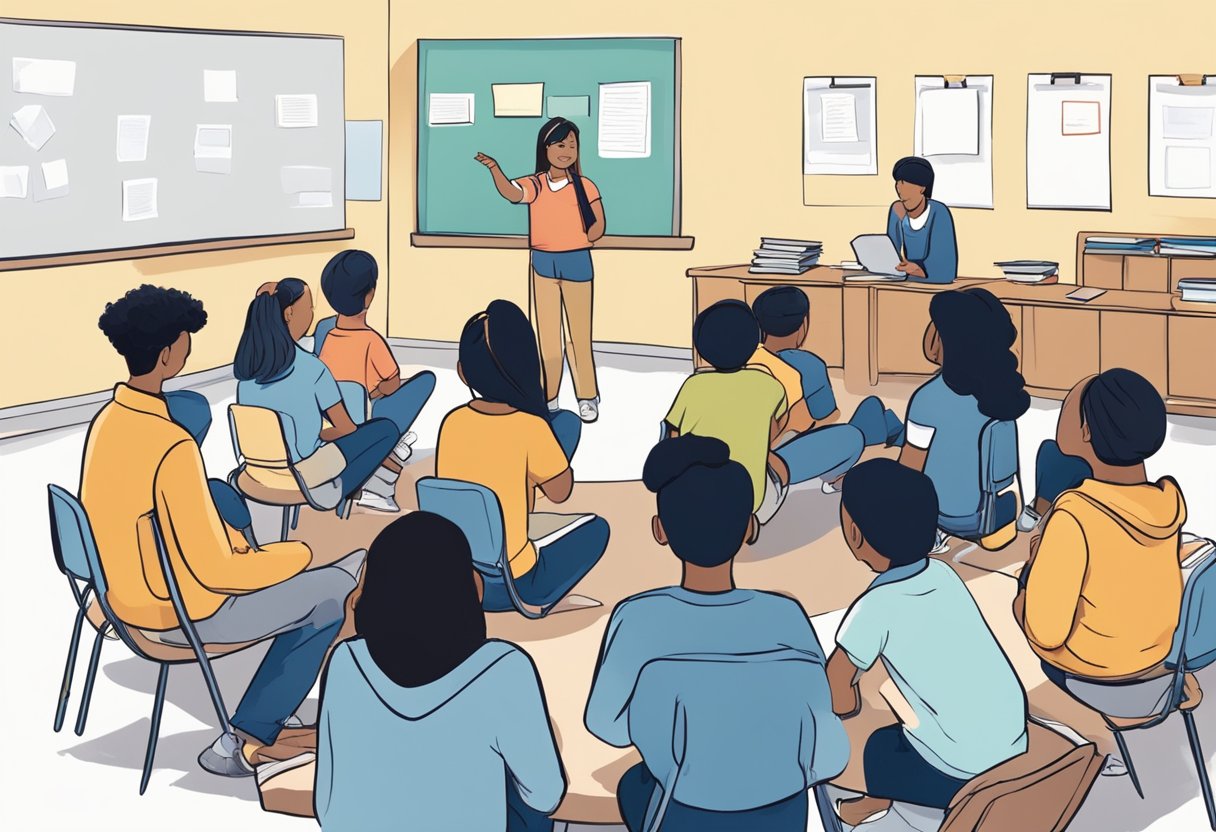 Students sit in groups, sharing materials and ideas. They listen and take turns speaking, showing respect for each other. The teacher moves around, providing guidance and support