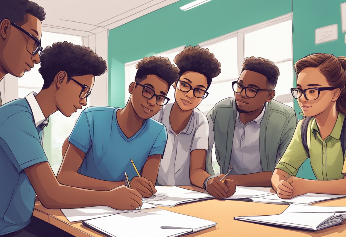 Students engage in group work, sharing ideas and collaborating. The teacher observes, adjusting techniques to enhance cooperation and productivity