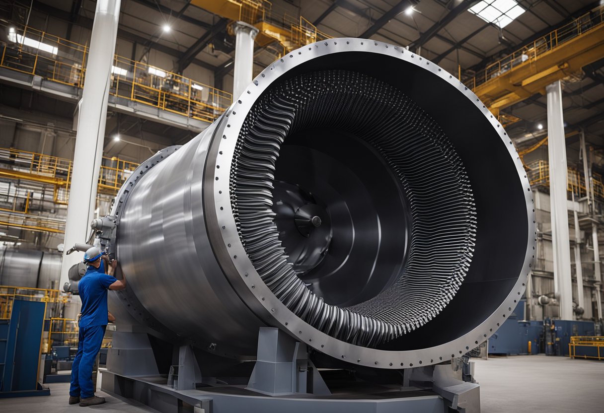 A technician installs a new overflow ball mill liner in a large industrial facility. Machinery and tools surround the worker as they carefully position and secure the liner into place