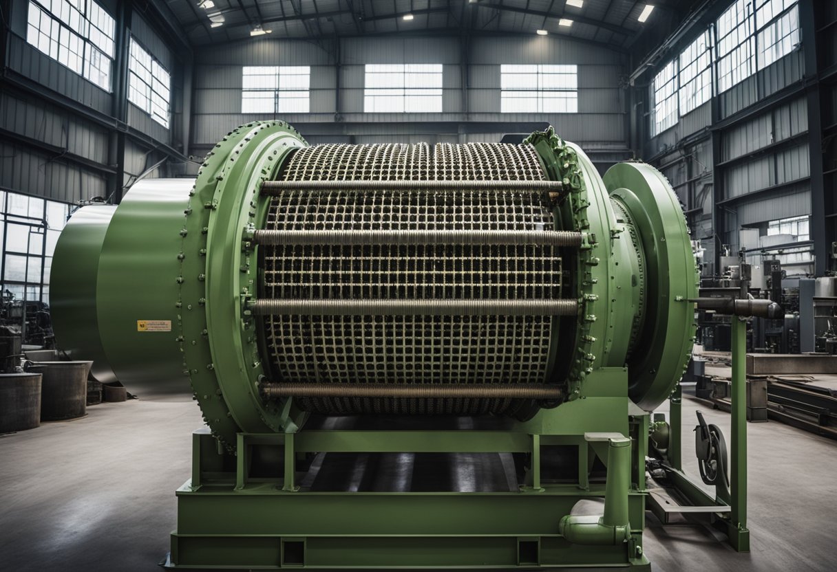 A wet lattice ball mill with a rubber liner, surrounded by industrial materials and design elements