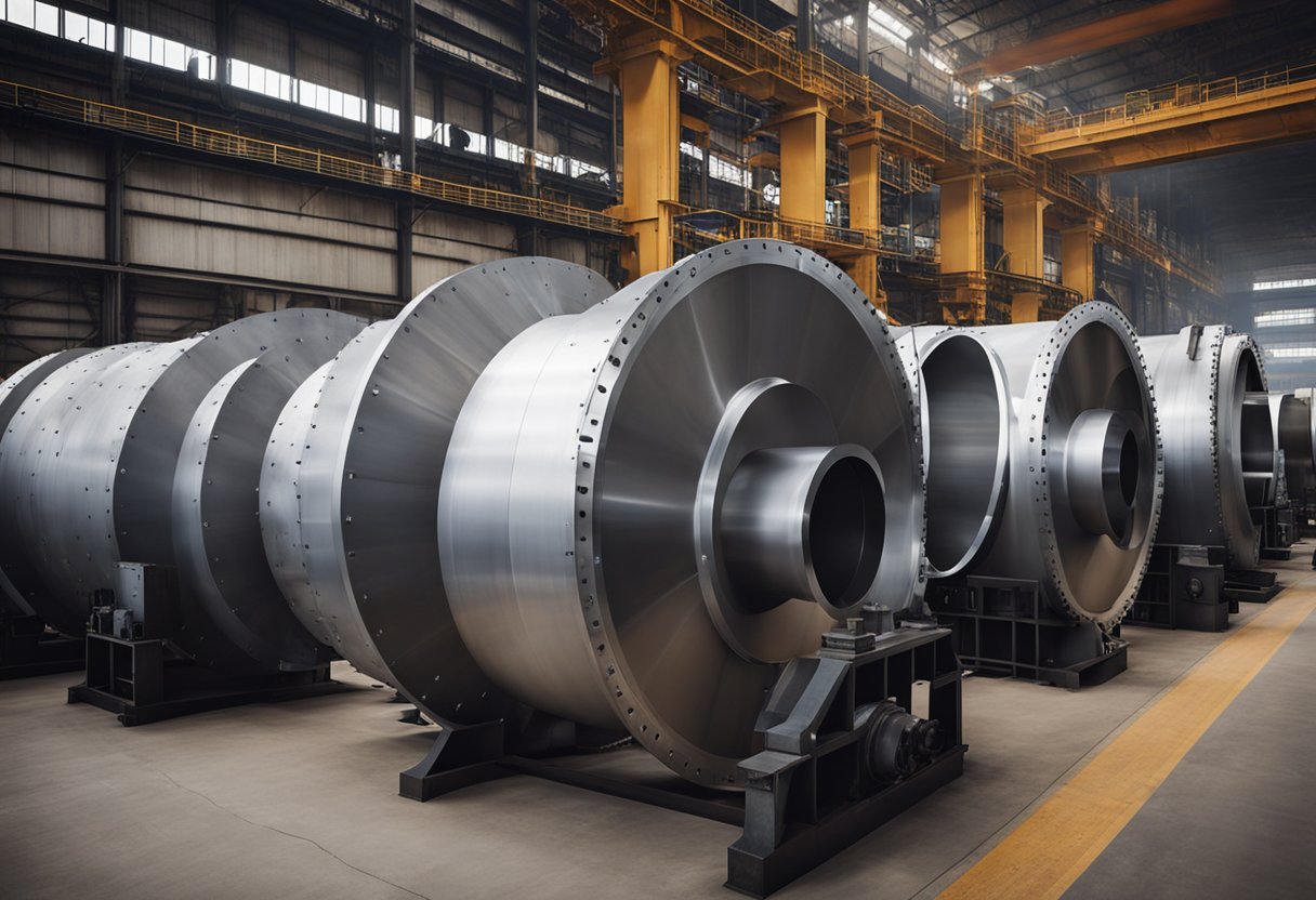 An array of ball mill liners arranged in a factory setting, ready for installation