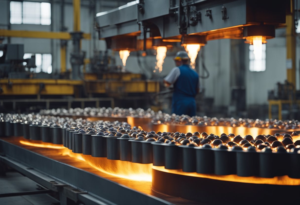 Molten metal poured into molds, cooled, then shaped into ball mill liners by machines in a factory