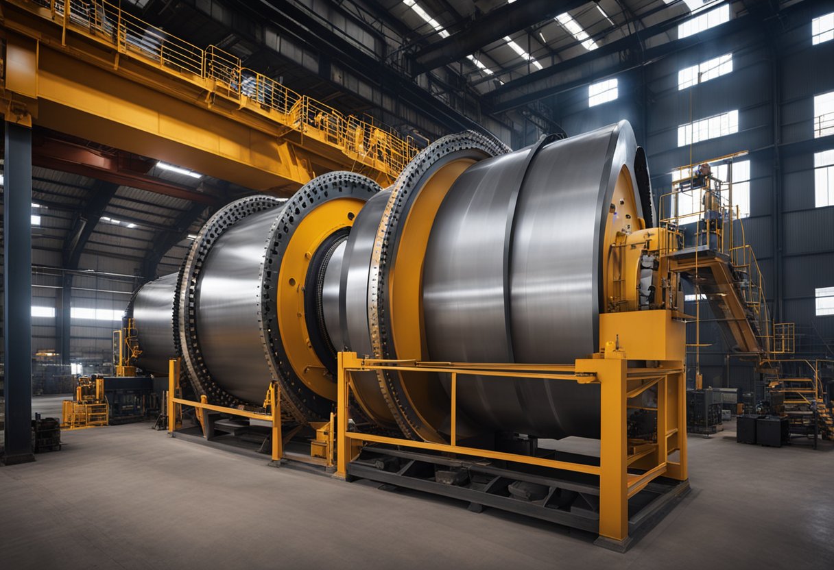 Manufacturers produce ball mill liners in a factory setting, with machinery and workers assembling and inspecting the liners for quality control